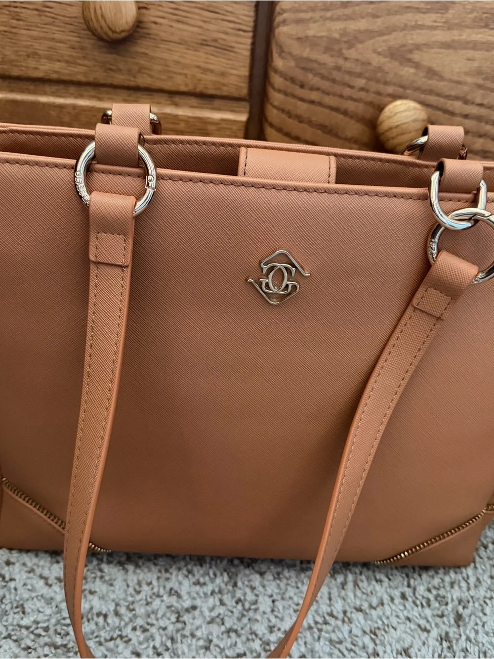 Tan Saffiano Structured Laptop Tote with Silver Accents